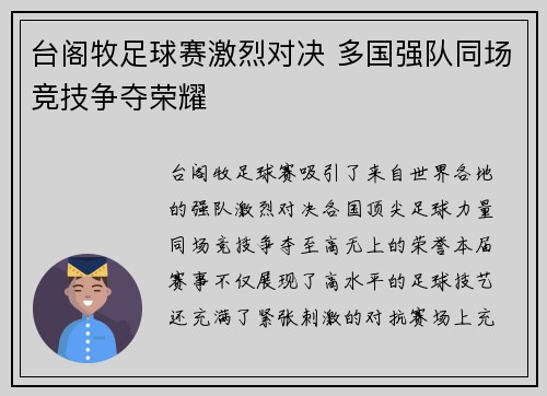 台阁牧足球赛激烈对决 多国强队同场竞技争夺荣耀